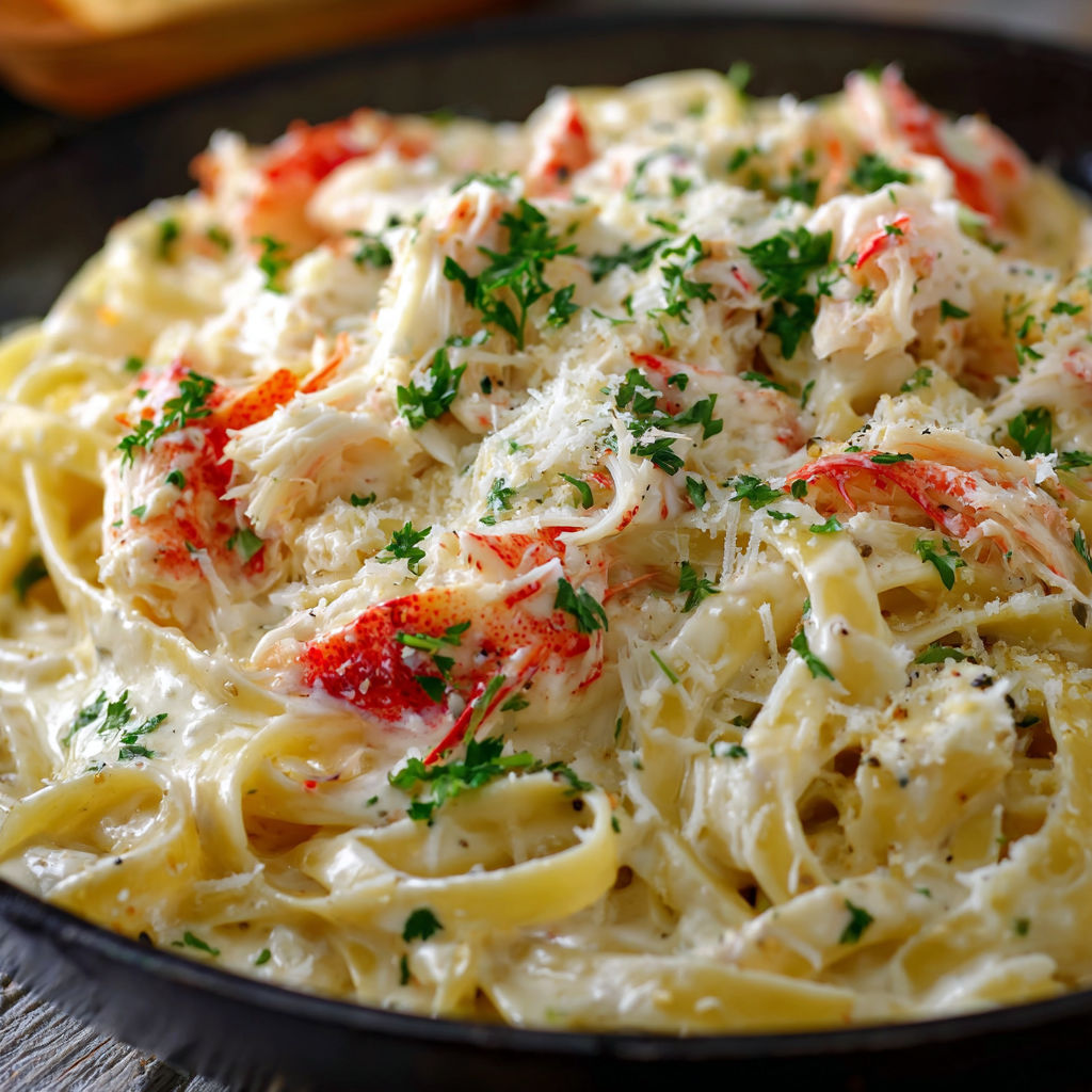 A delicious Crab Fettuccine Alfredo Recipe is presented in a black bowl.
