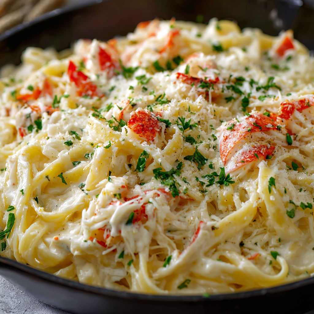 A delicious seafood pasta dish with a generous amount of cheese and herbs, served in a black bowl.