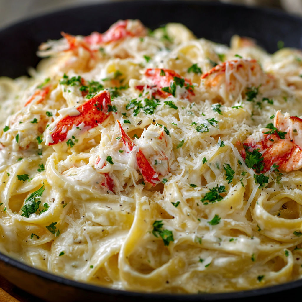A delicious seafood pasta dish with shrimp, crab, and lobster, served in a black bowl.
