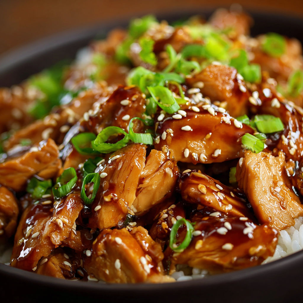 A bowl of Asian stir fry with chicken, rice, and green onions.