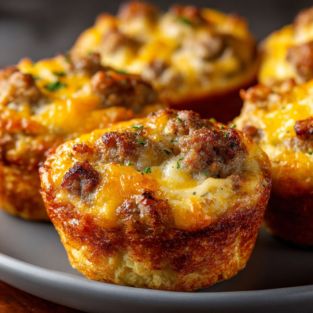 A plate of sausage muffins with cheese and herbs on top.