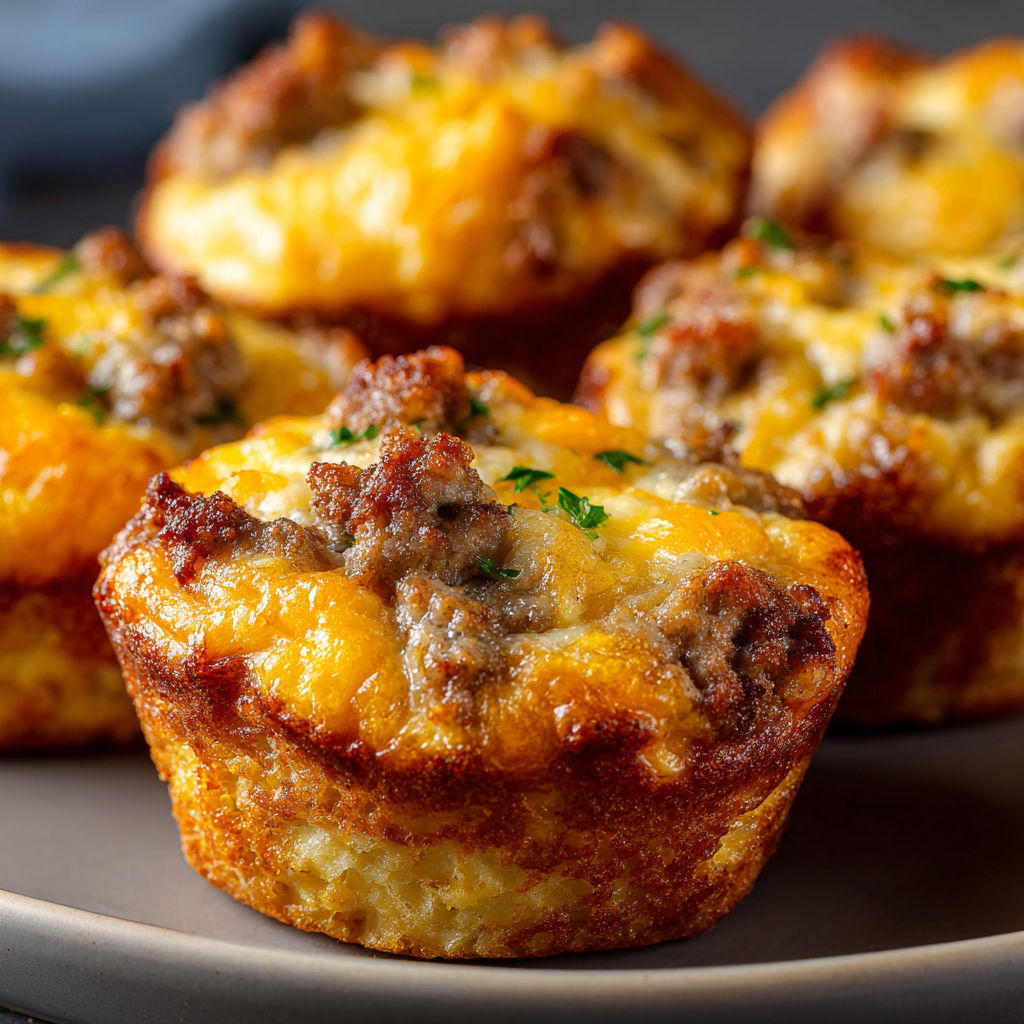 A plate of sausage muffins with cheese and herbs on top.