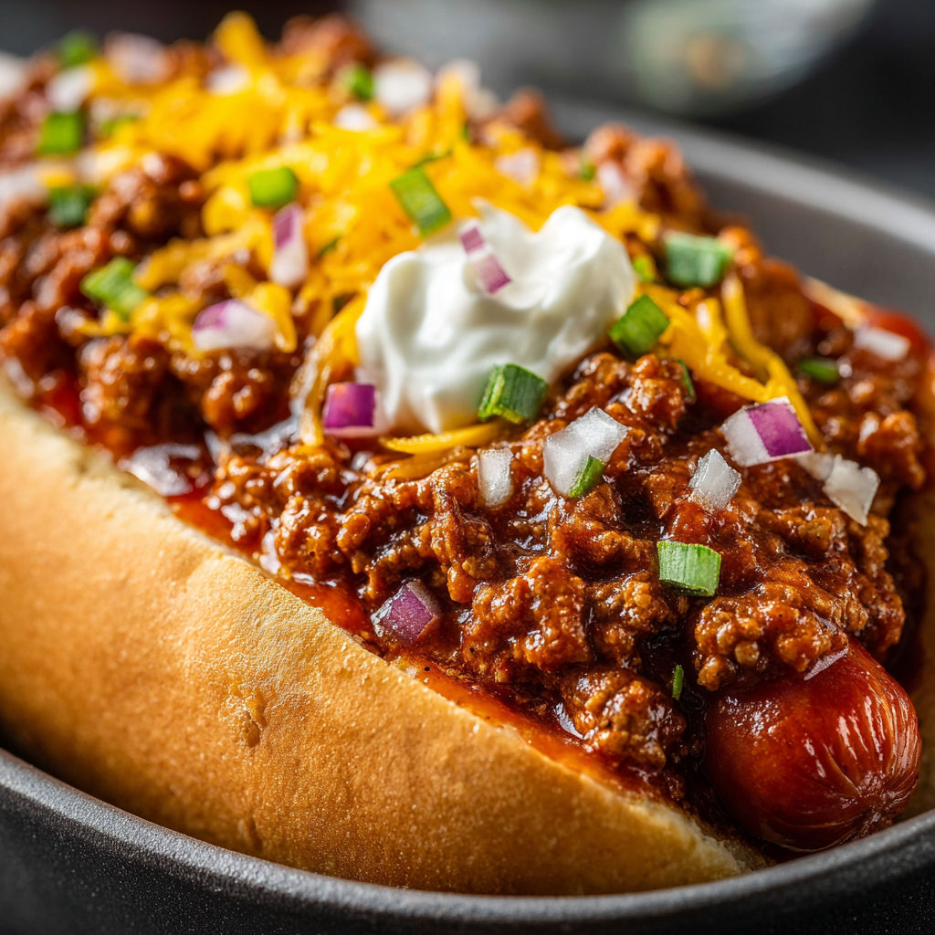 A delicious chili dog with cheese and onions, served in a bowl.
