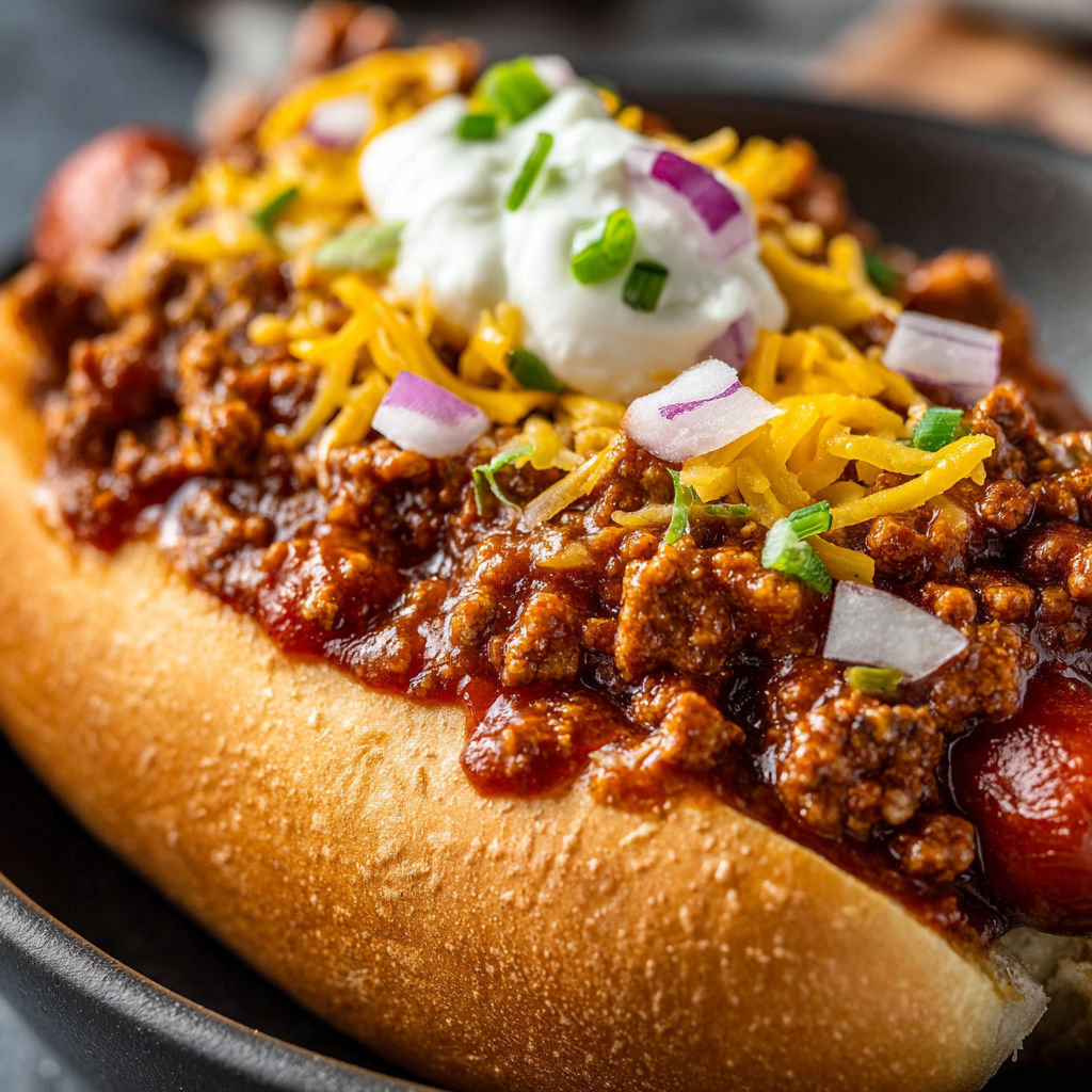 A delicious chili dog with onions and cheese on top, served in a bowl.