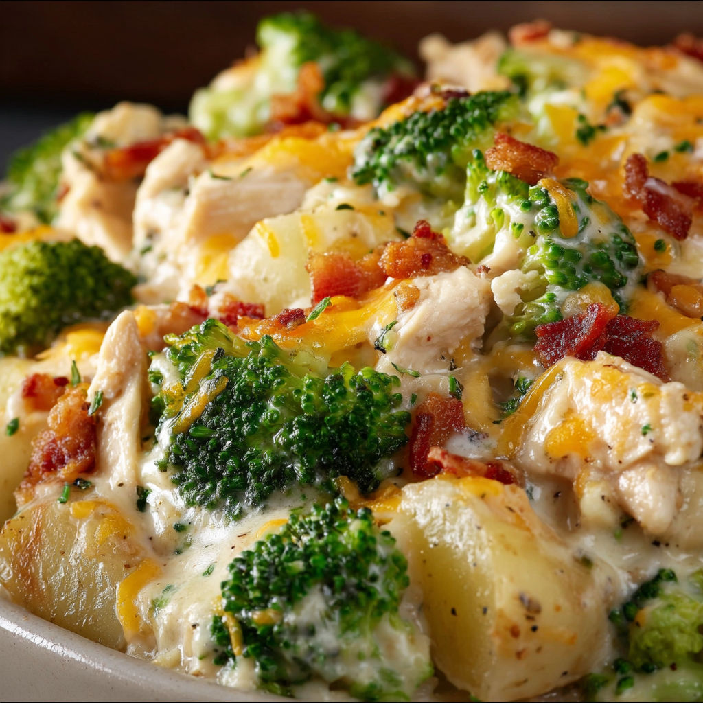 A delicious Baked Potato Chicken and Broccoli Casserole Recipe is ready to be enjoyed.