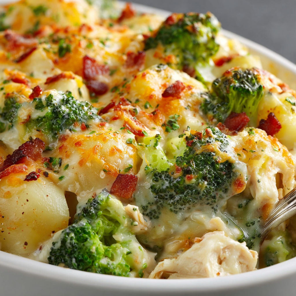 A delicious Baked Potato Chicken and Broccoli Casserole Recipe is ready to be enjoyed.