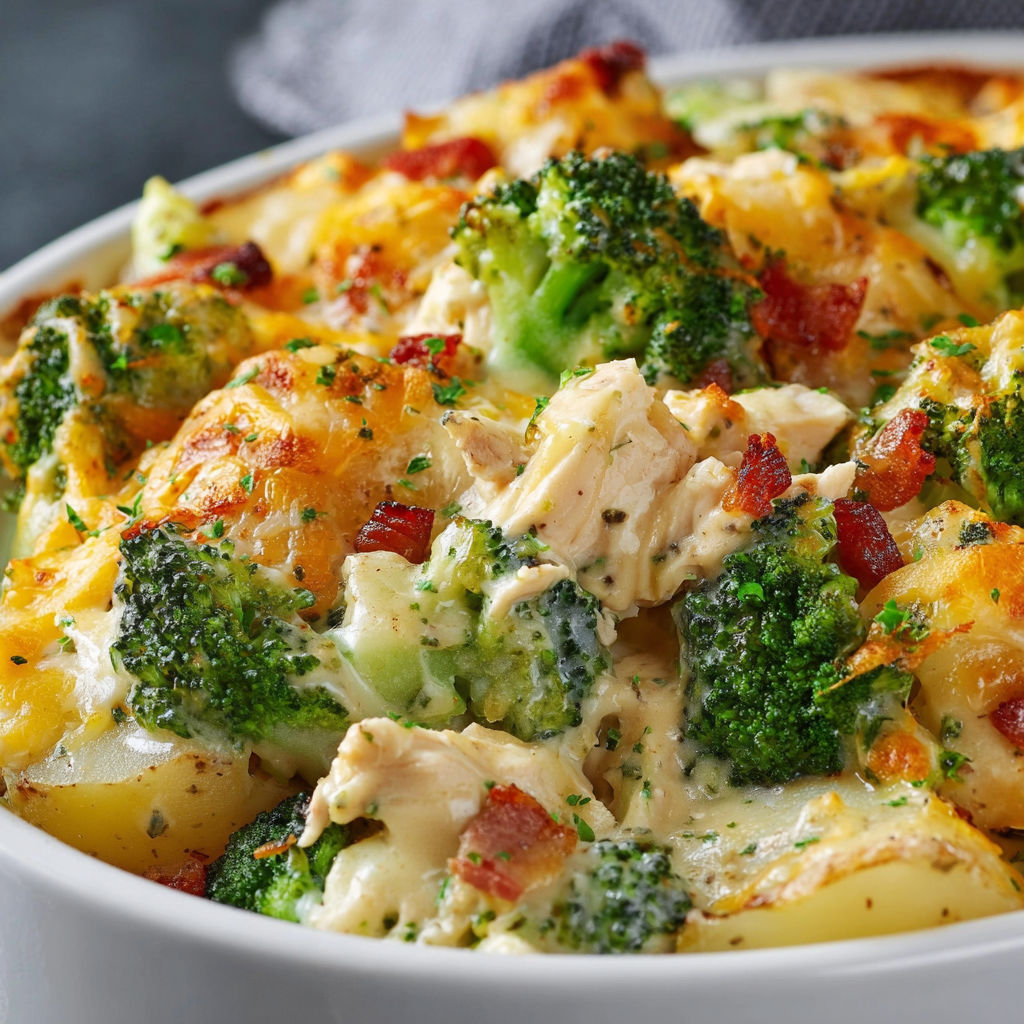 A bowl of chicken and broccoli casserole, with a close-up of the broccoli.