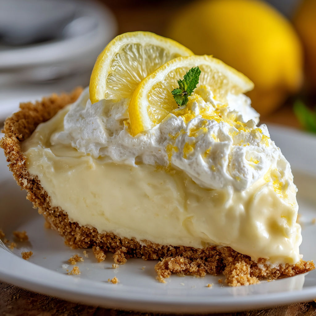 A slice of a cream cheese lemonade pie with a lemon wedge on top.