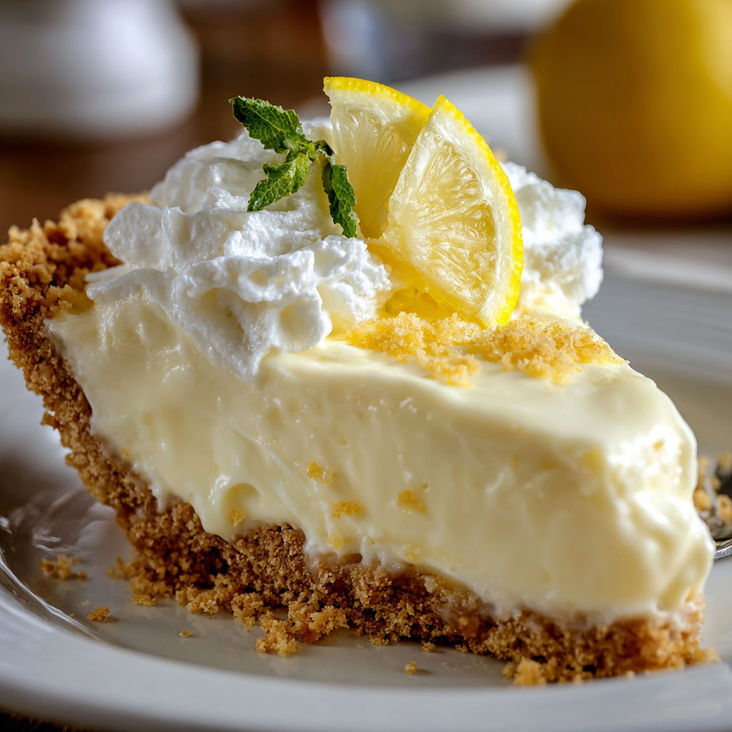 A slice of lemon meringue pie with a lemon wedge on top.