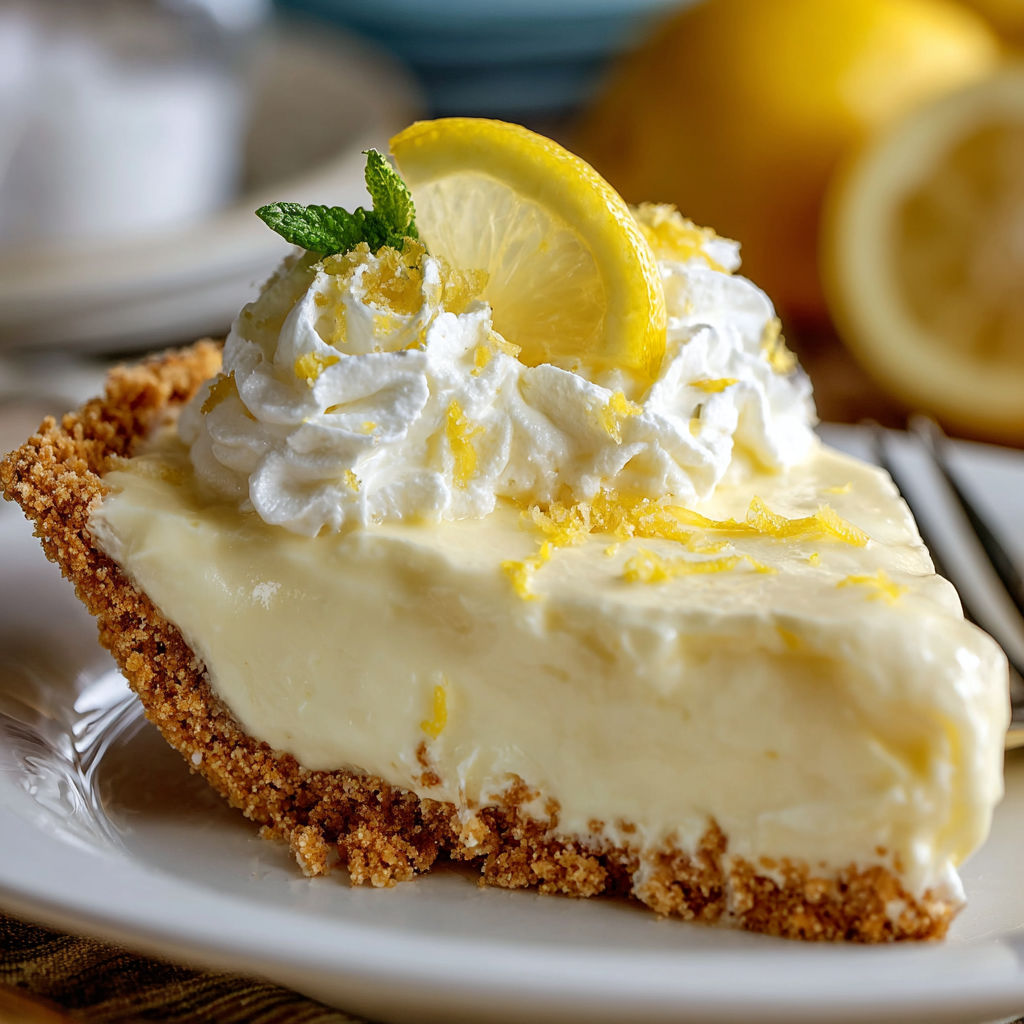A slice of lemon meringue pie with a dollop of whipped cream on top.