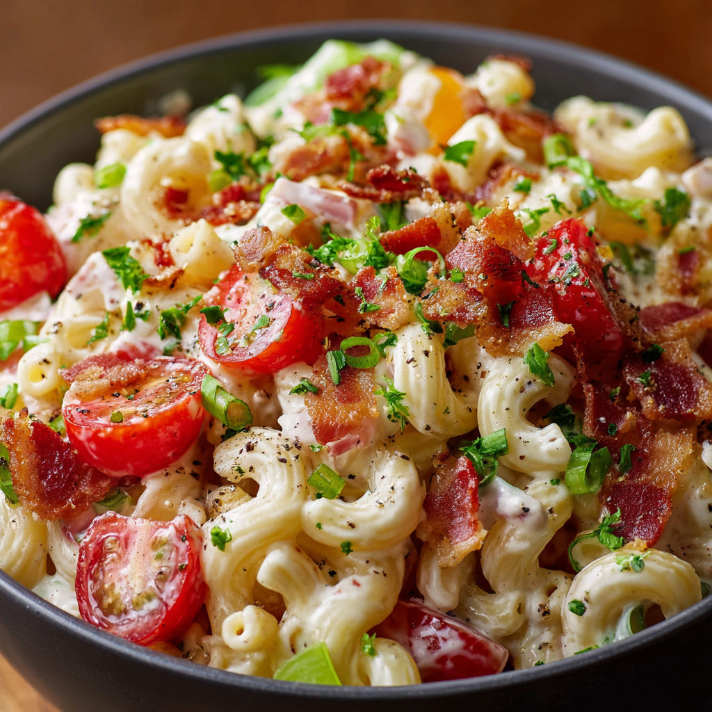 A bowl of BLT Macaroni Salad, topped with bacon, tomatoes, and cheese.