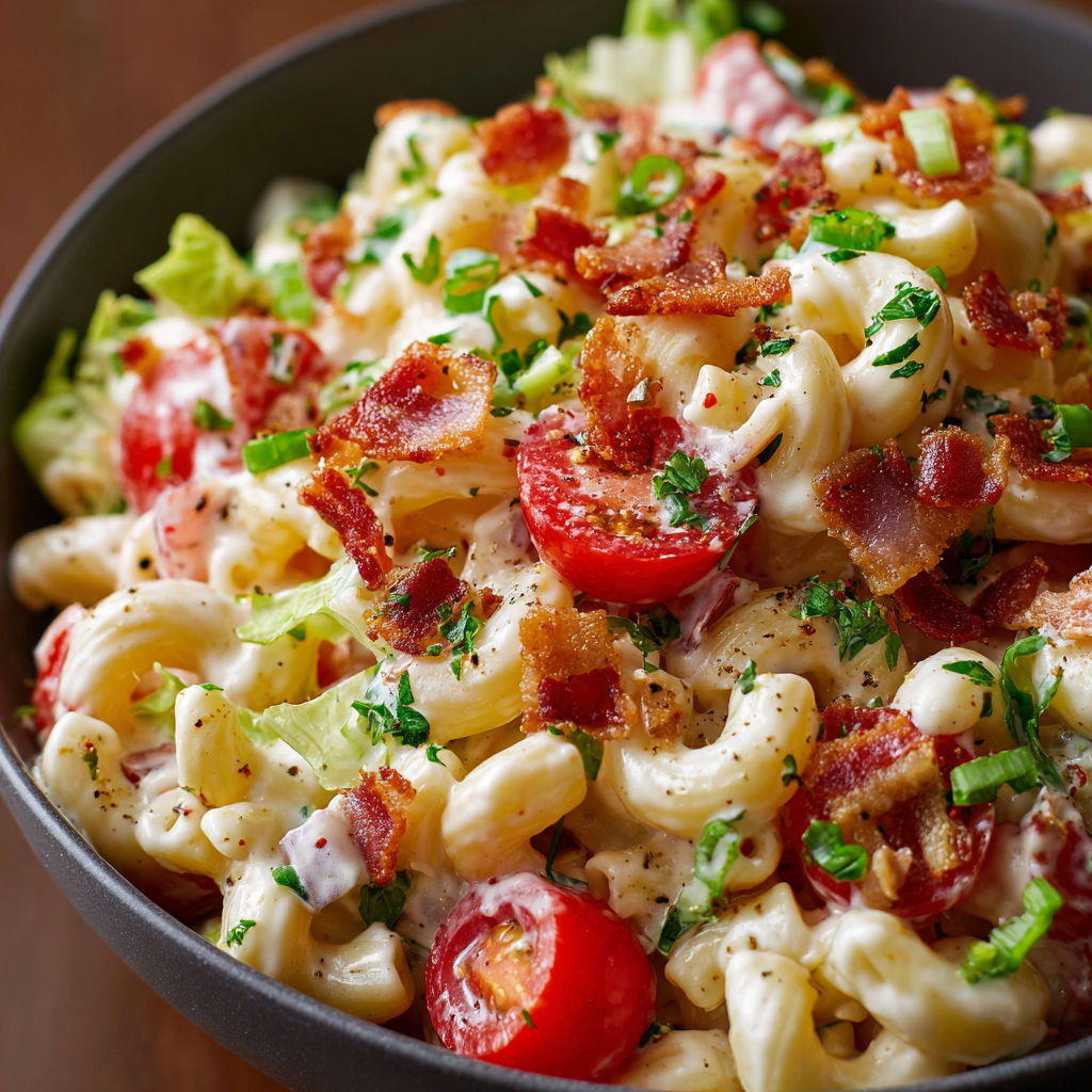 A bowl of BLT Macaroni Salad, topped with bacon, tomatoes, and lettuce.
