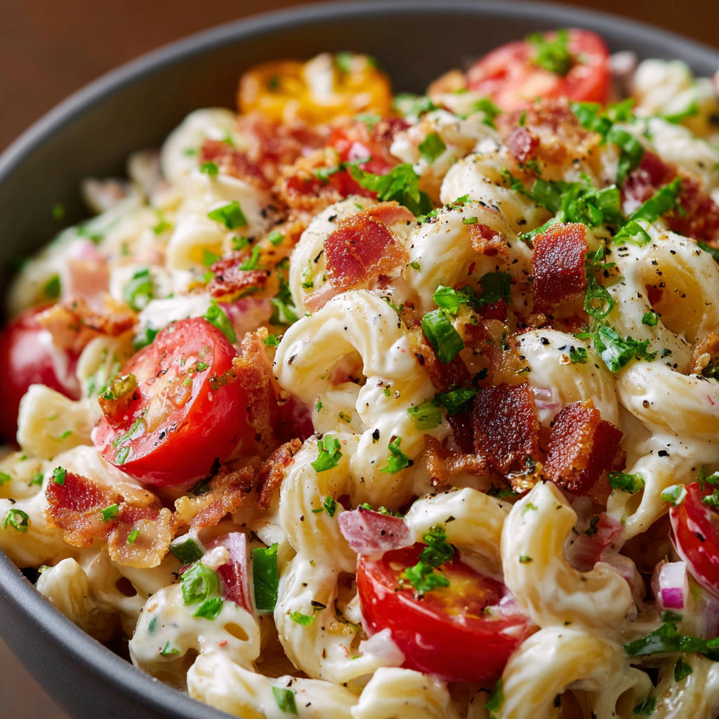 A delicious BLT Macaroni Salad Recipe is displayed in a bowl, featuring a mix of pasta, tomatoes, and bacon.