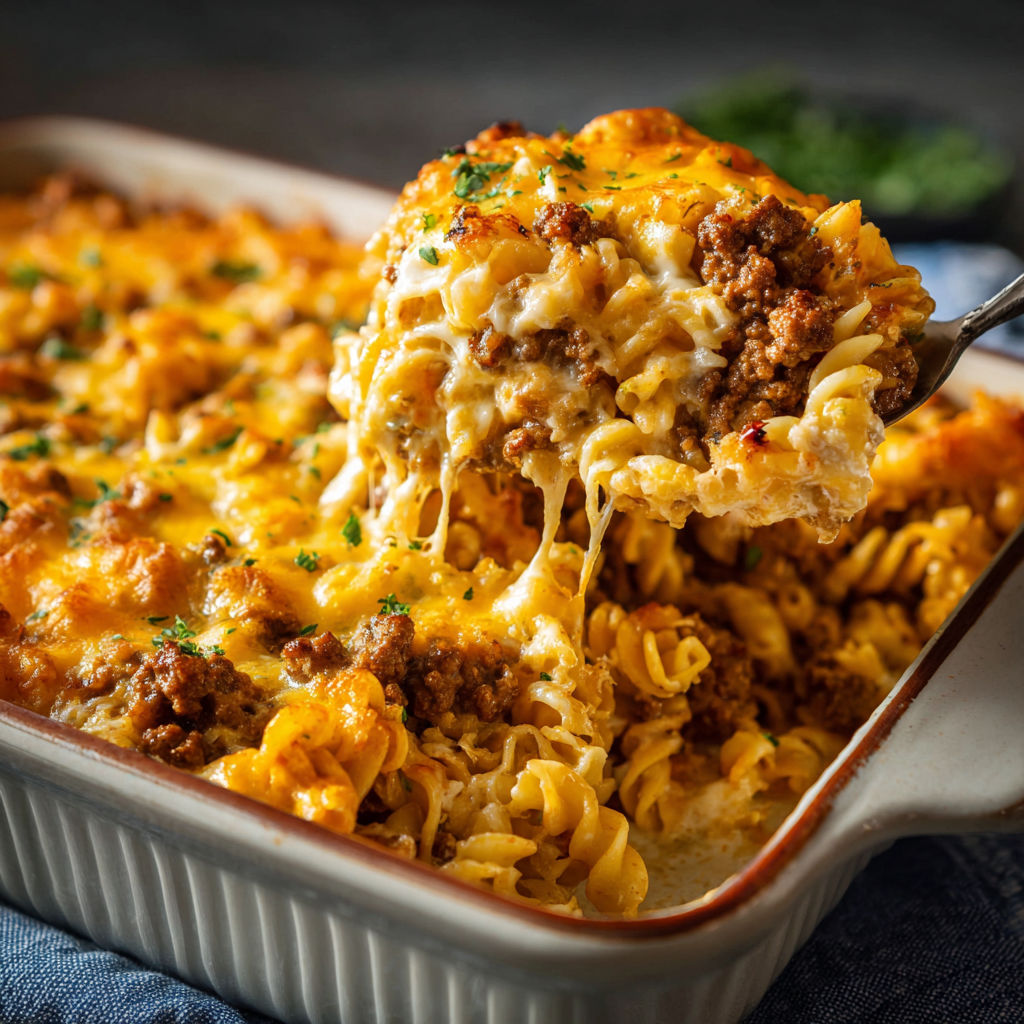 A delicious Hamburger Casserole is being served in a white dish.