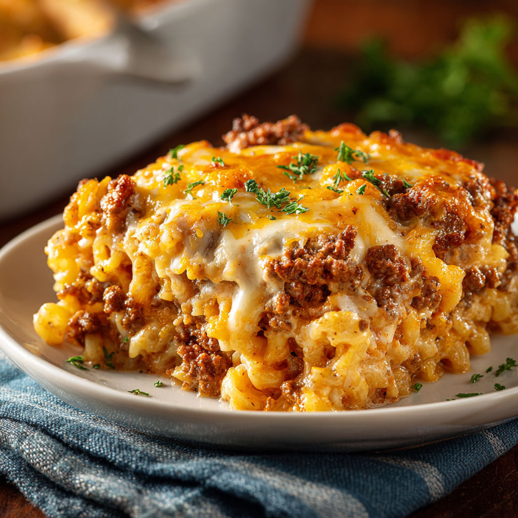 A delicious Hamburger Casserole is served on a white plate.