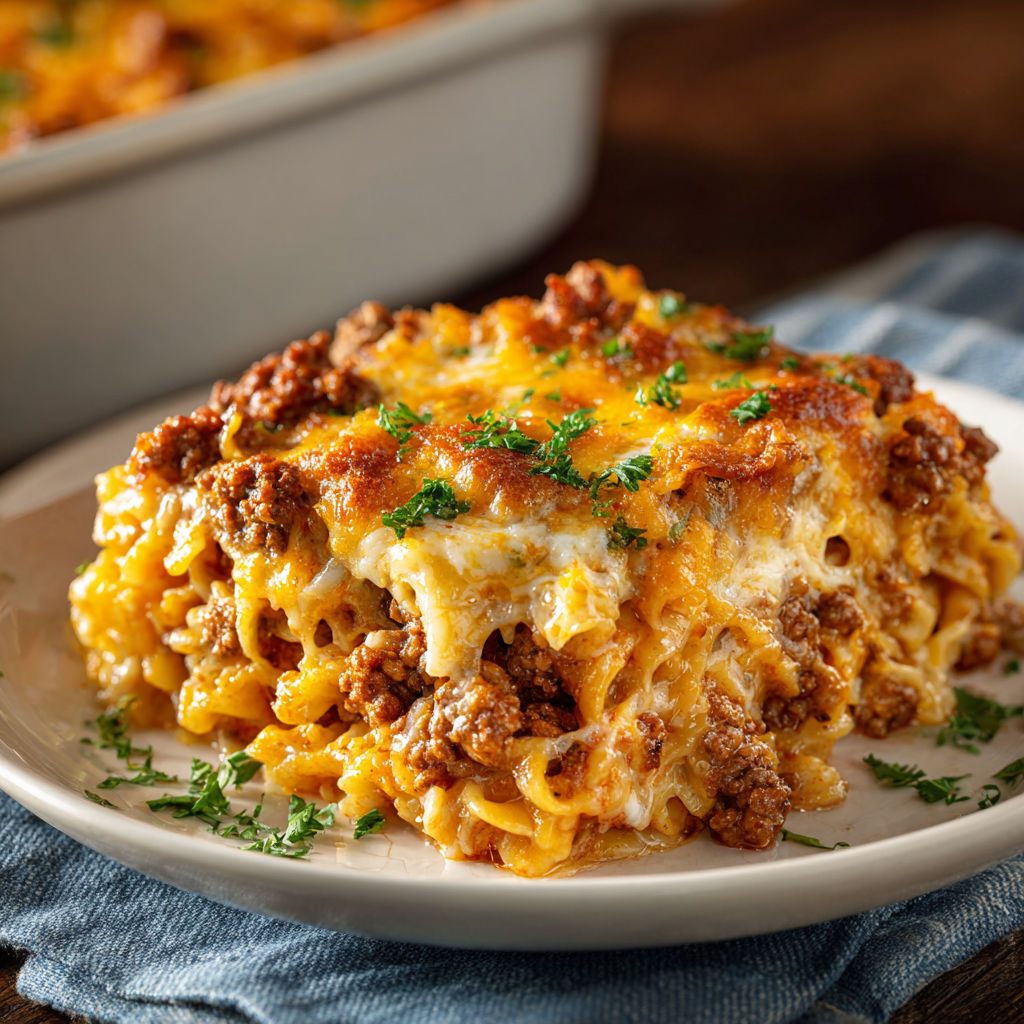 A delicious Hamburger Casserole is served on a white plate.