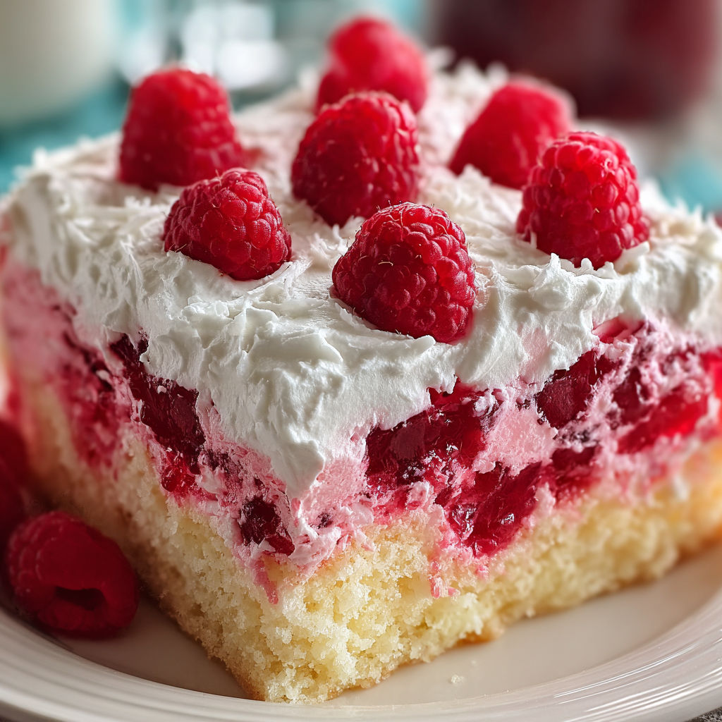 A slice of Raspberry Zinger Poke Cake is displayed on a plate.