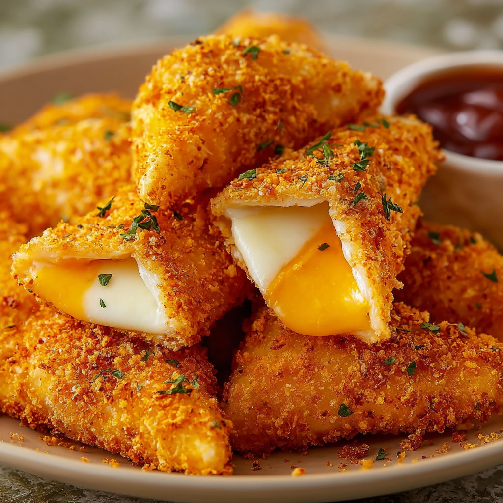 Fried cheese stuffed Doritos on a plate.
