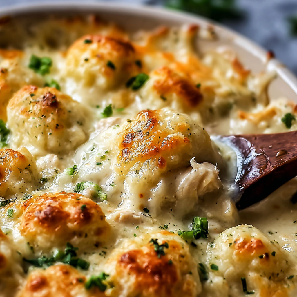 A close up of a delicious Chicken and Dumpling Casserole, with a wooden spoon ready to dig in.
