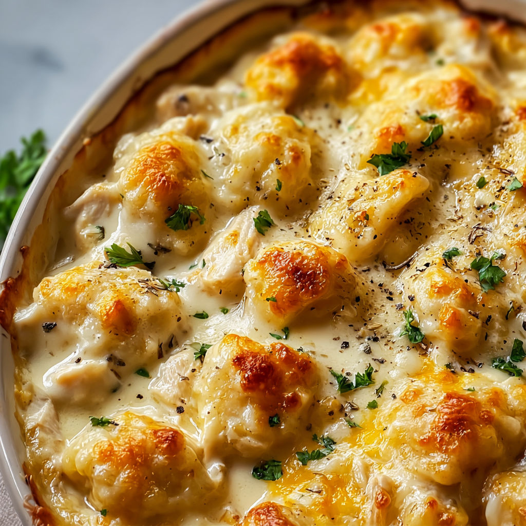 A delicious cheesy chicken dish in a white bowl.
