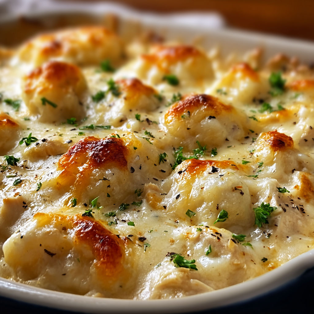 A delicious cheese and chicken dish, likely a chicken pot pie, is served in a white bowl.