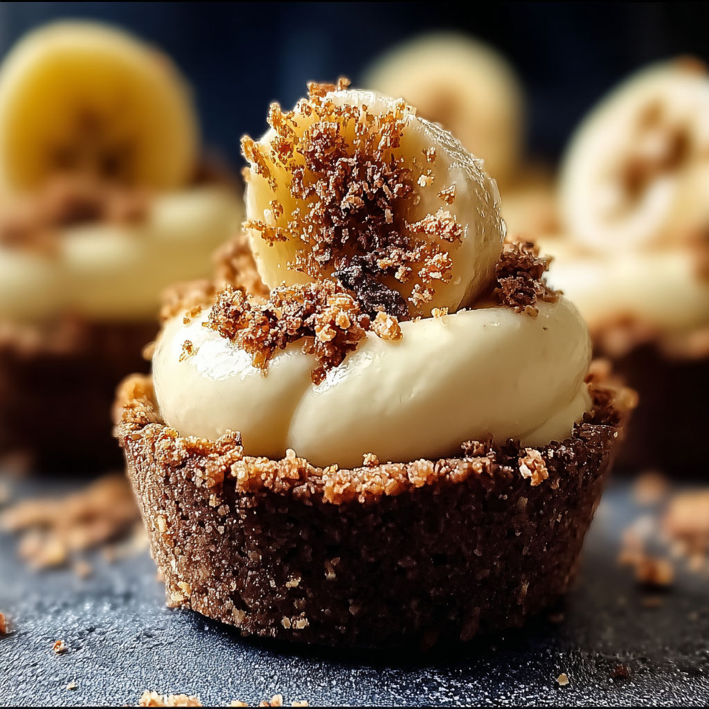 A close-up of a delicious No-Bake Mini Banana Cream Pie.