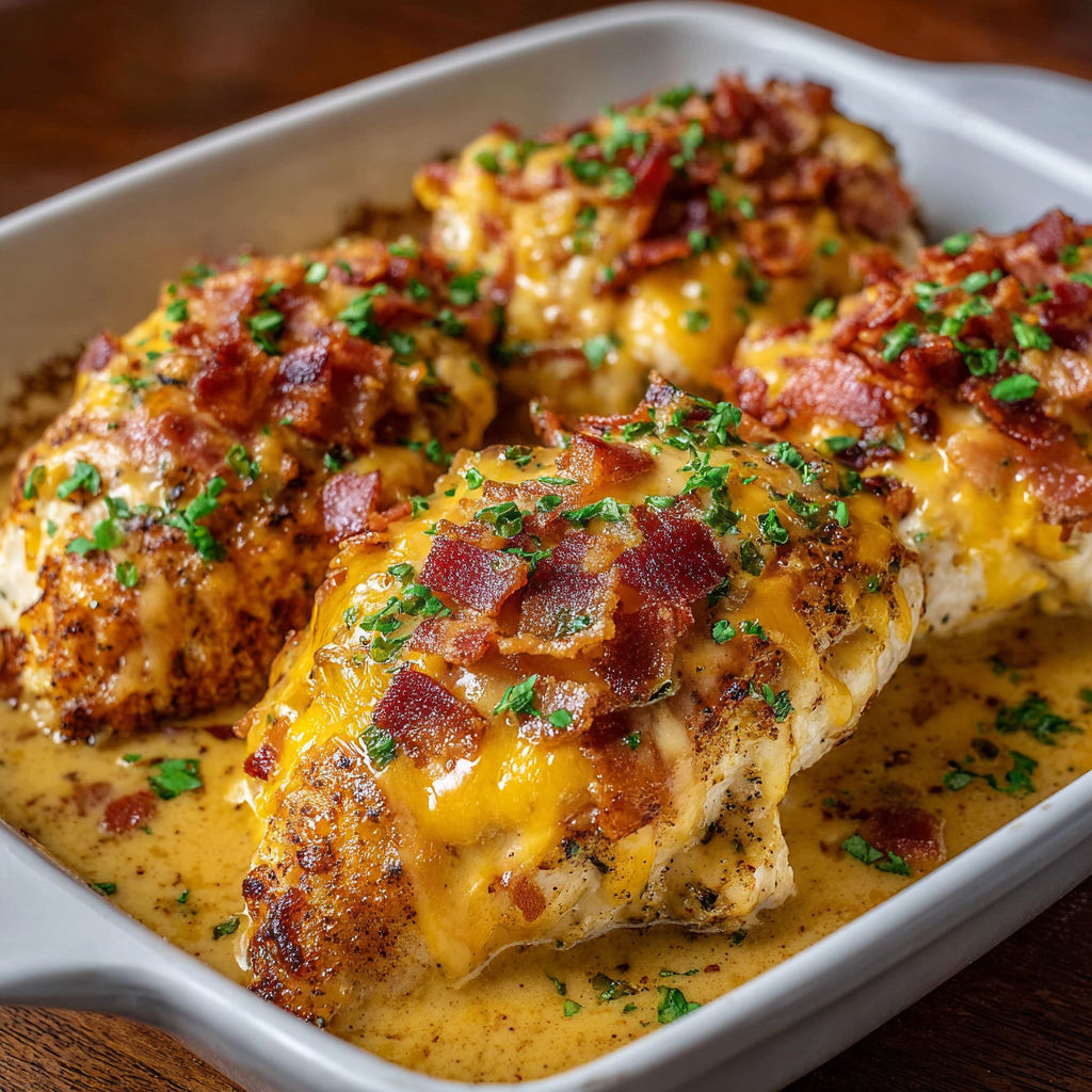 A dish of chicken covered in cheese and bacon, served in a bowl.