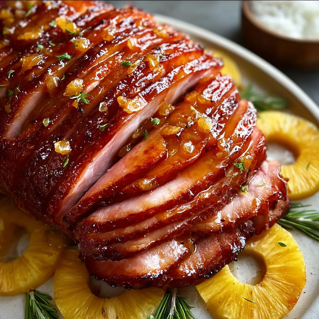A delicious Pineapple-Glazed Ham is ready to be served.