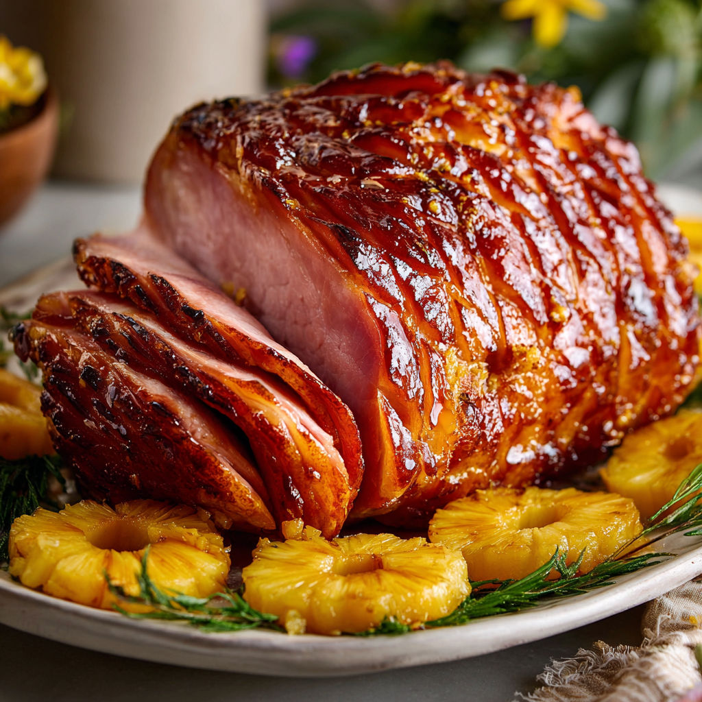A large ham is placed on a plate, ready to be cooked.