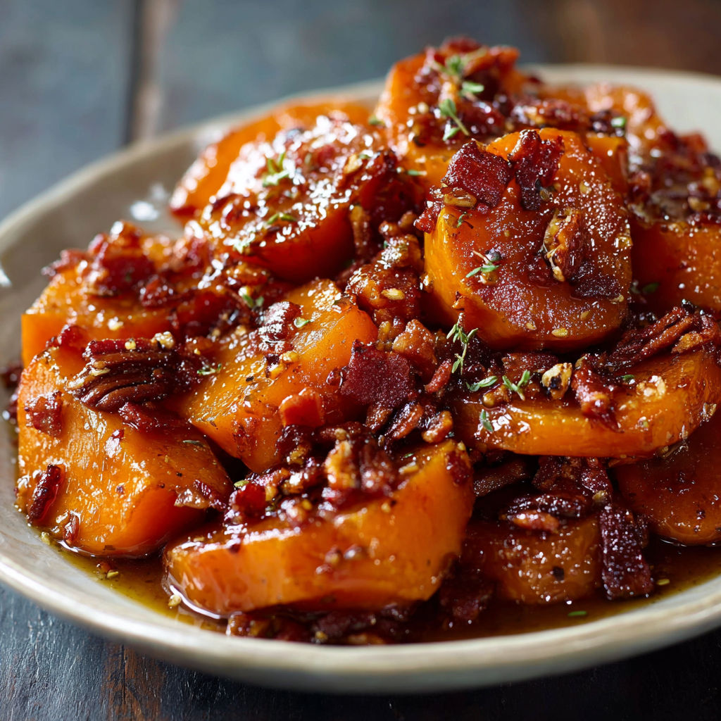 A plate of candied yams with bacon on top.