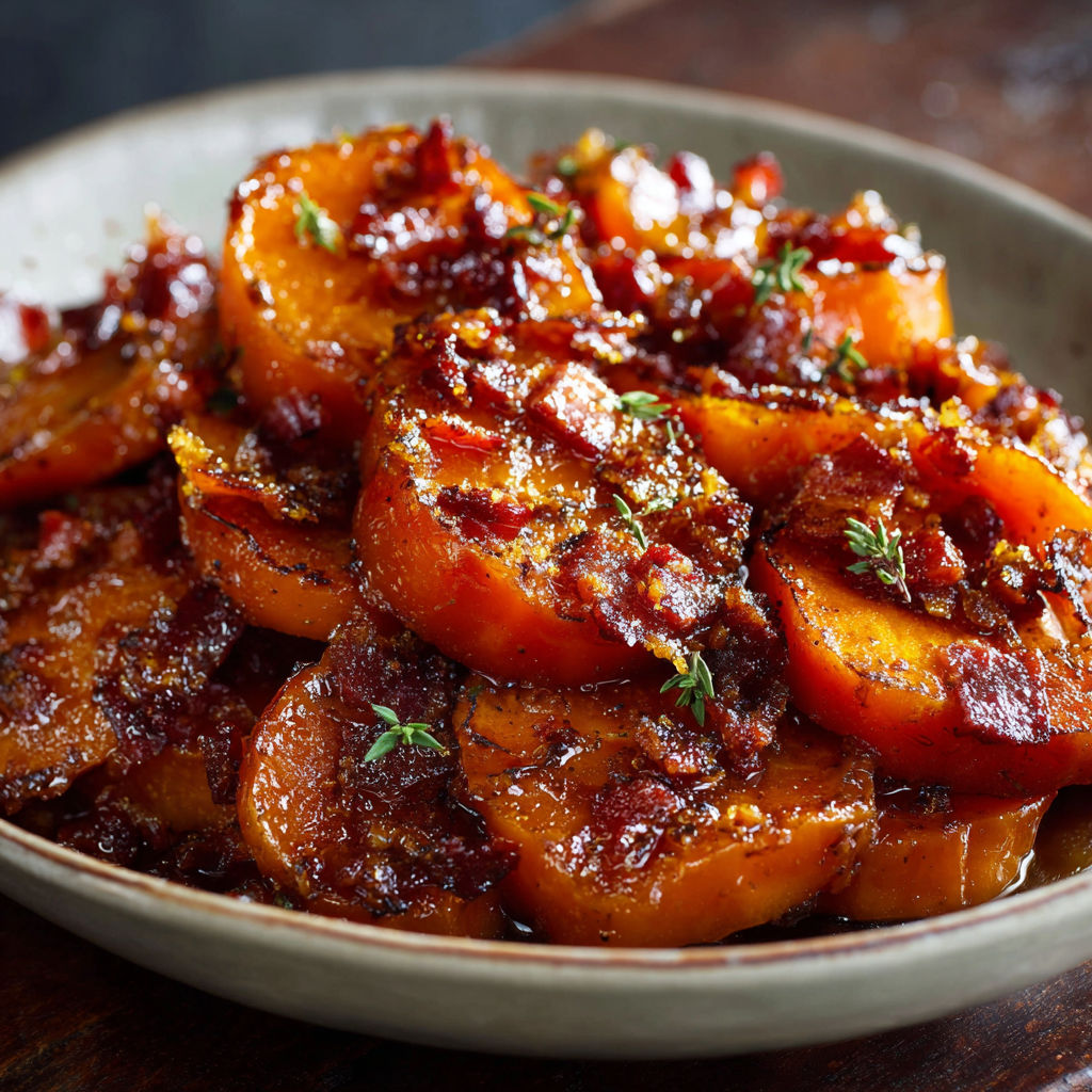 A bowl of candied yams with bacon on top.