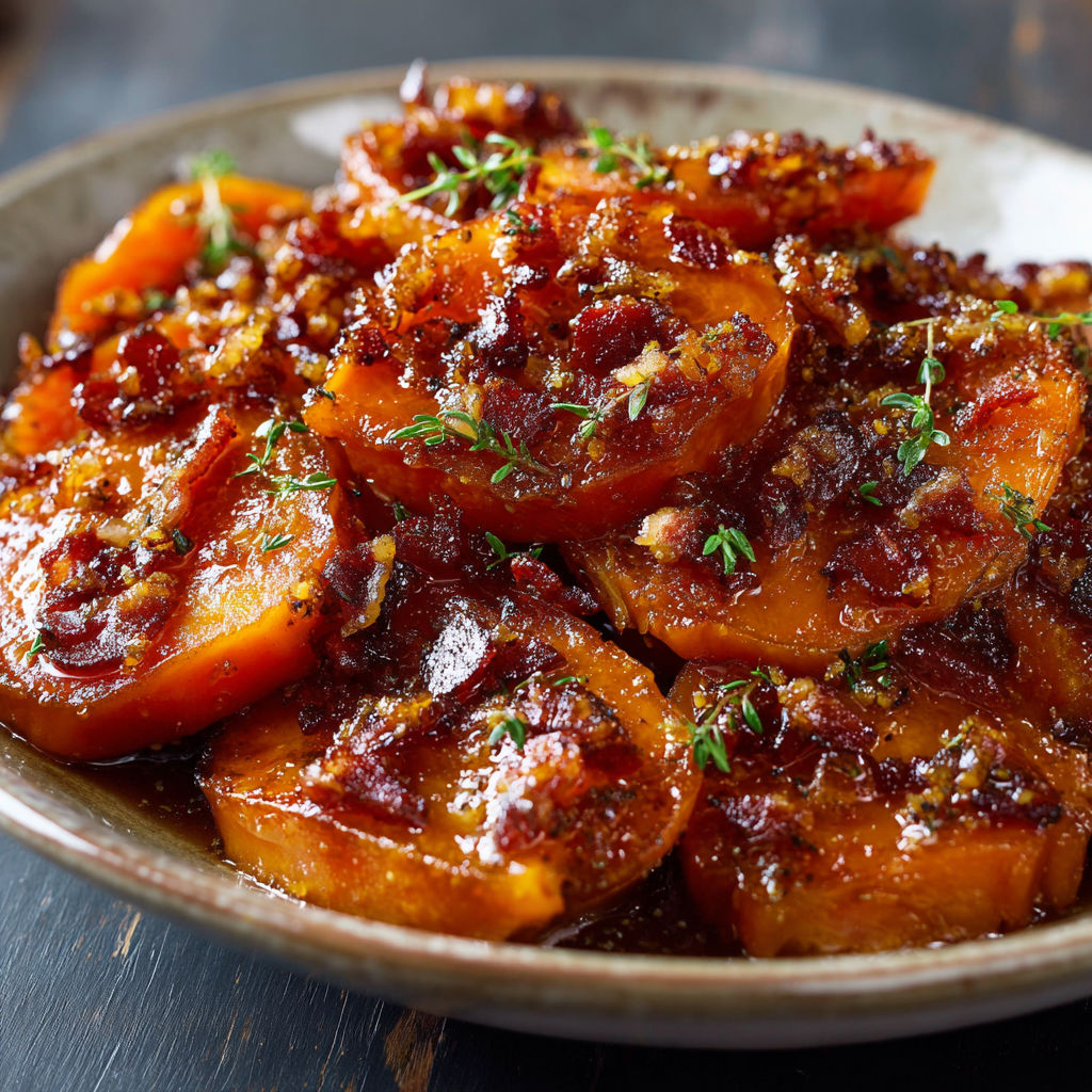 A bowl of candied yams with bacon on top.