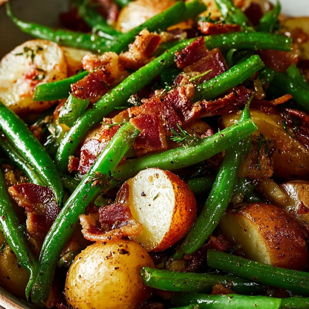 A dish of Green Beans Potatoes Bacon is served in a bowl.