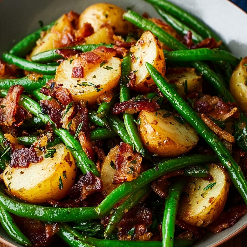 A dish of bacon and green beans, possibly a recipe called "Bacon and Green Beans.