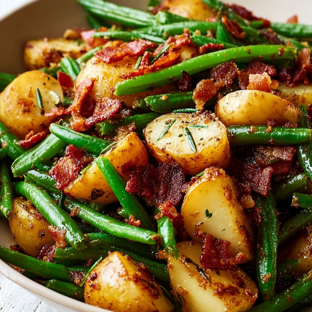A bowl of food containing potatoes, green beans, and bacon.