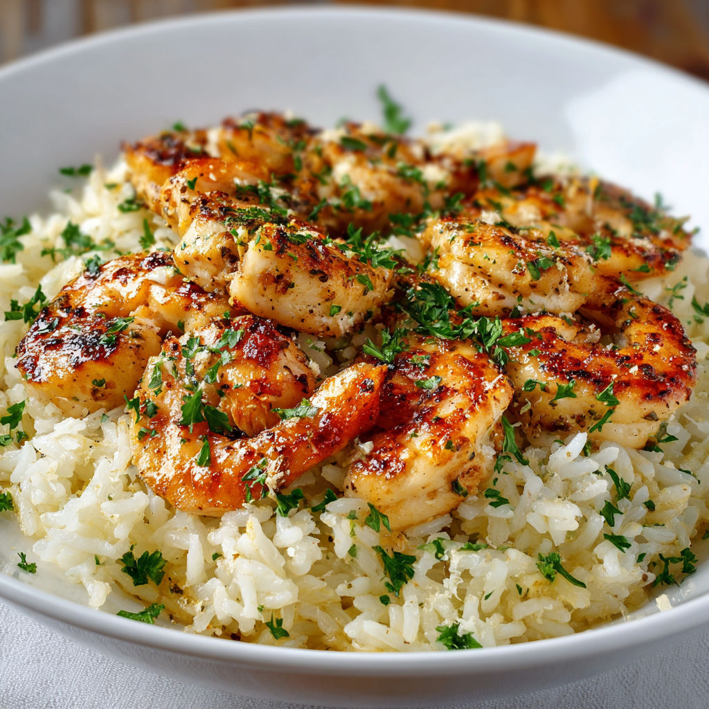 A plate of Chicken Scampi with Garlic Parmesan Rice.