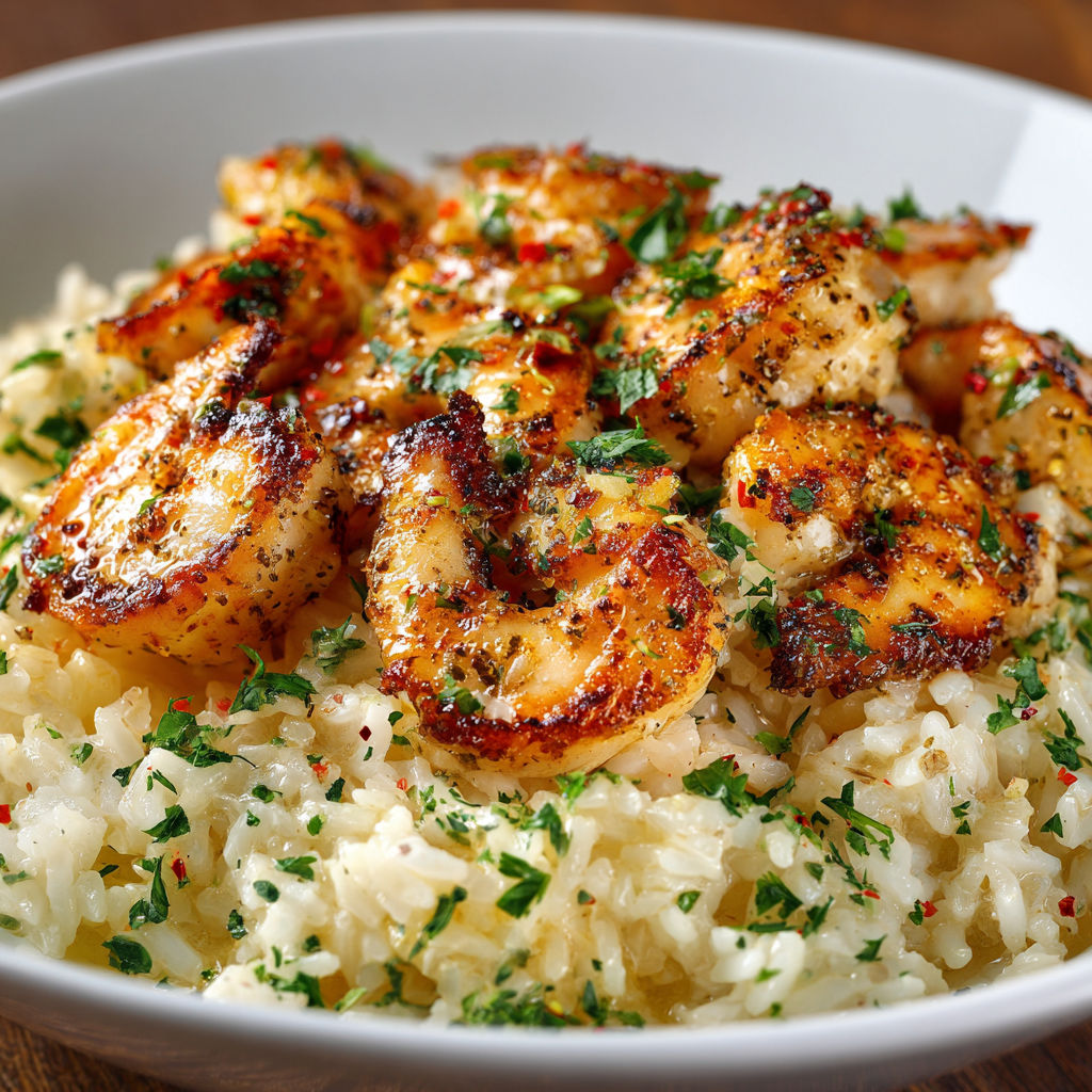 A bowl of shrimp and rice with a spicy sauce.