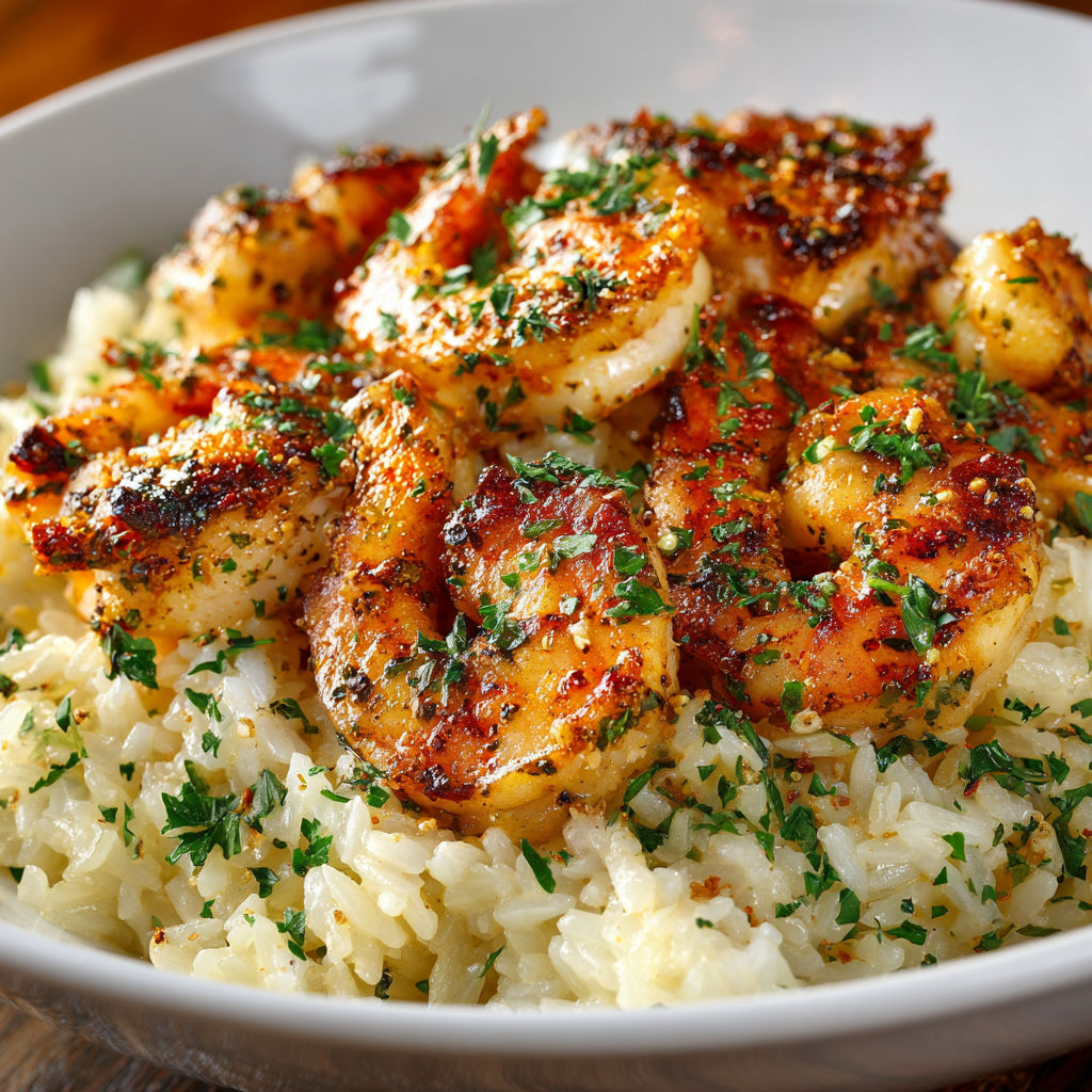 A bowl of shrimp and rice with a green herb topping.