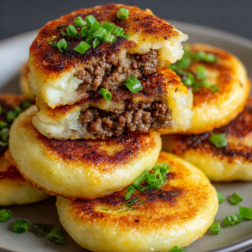 A plate of mashed potato pancakes with a beef filling, topped with green onions.