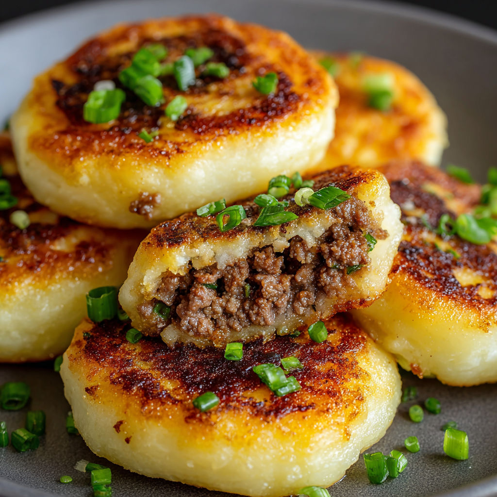 A plate of mashed potato pancakes with a beef filling.