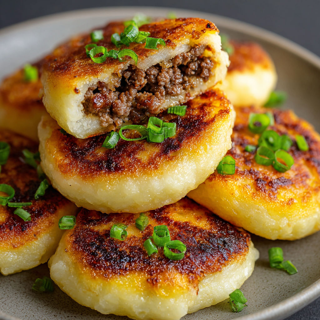 A plate of mashed potato pancakes with a beef filling, topped with green onions.