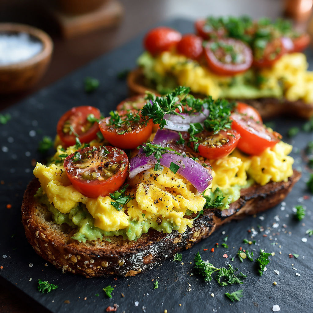 A toasted egg sandwich with tomatoes, onions, and avocado on a black cutting board.