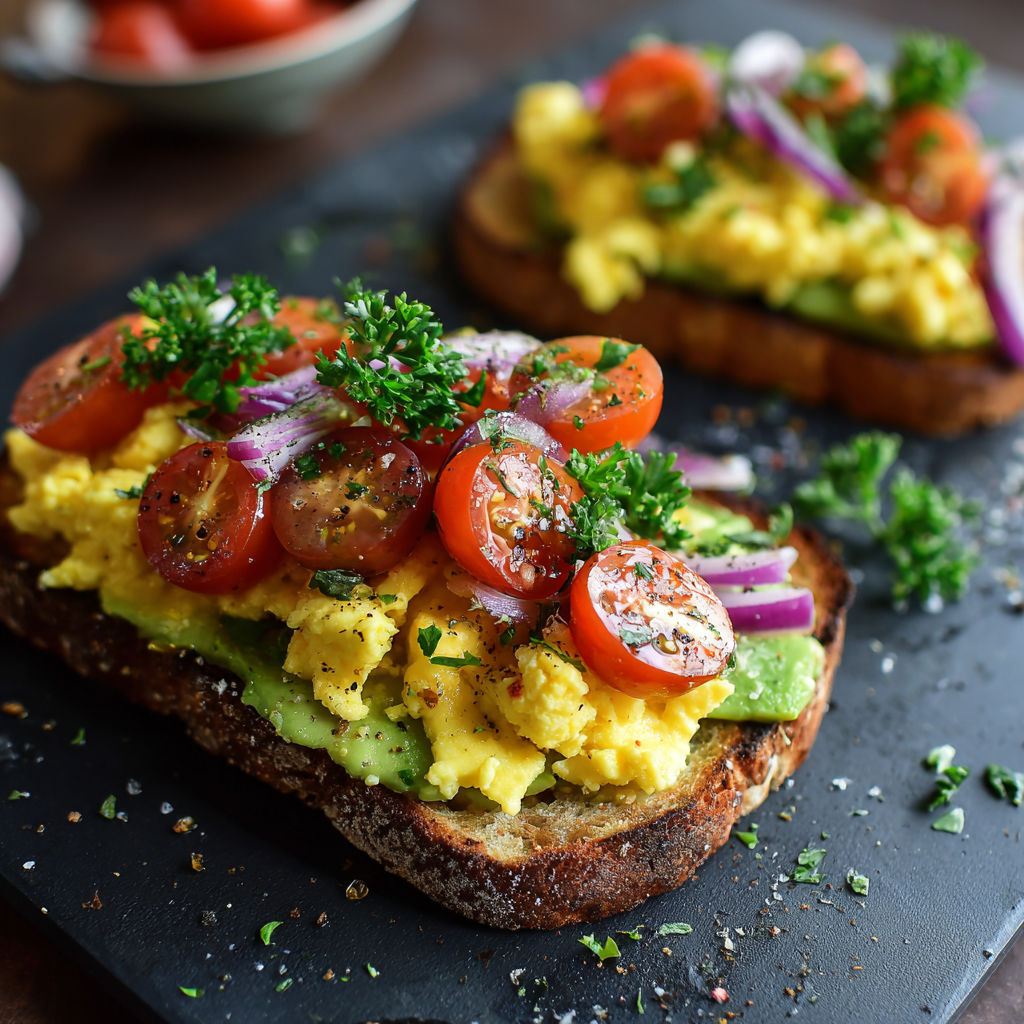 A toasted egg sandwich with tomatoes and avocado on a black cutting board.