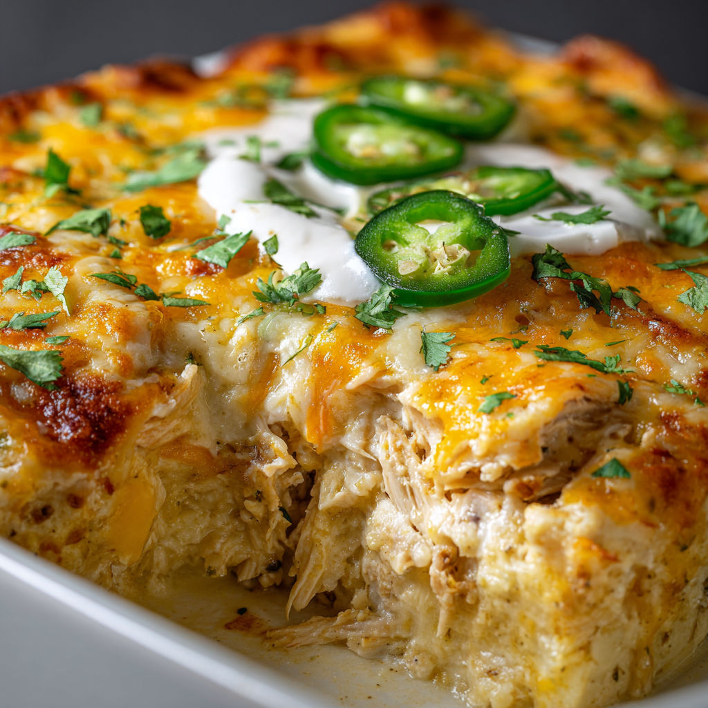 A delicious Sour Cream Enchilada Casserole is served in a white dish.
