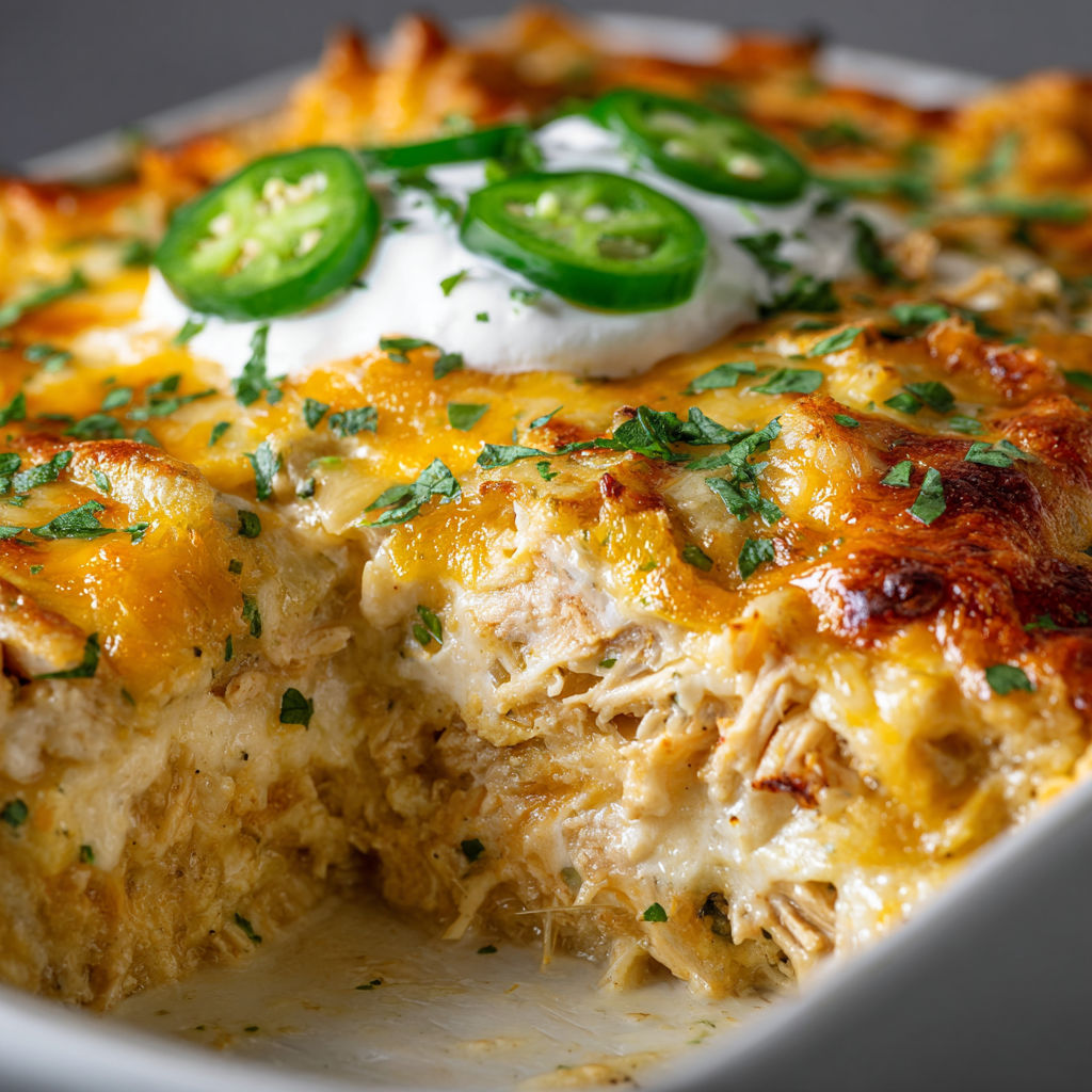 A delicious Sour Cream Enchilada Casserole is served in a white bowl.