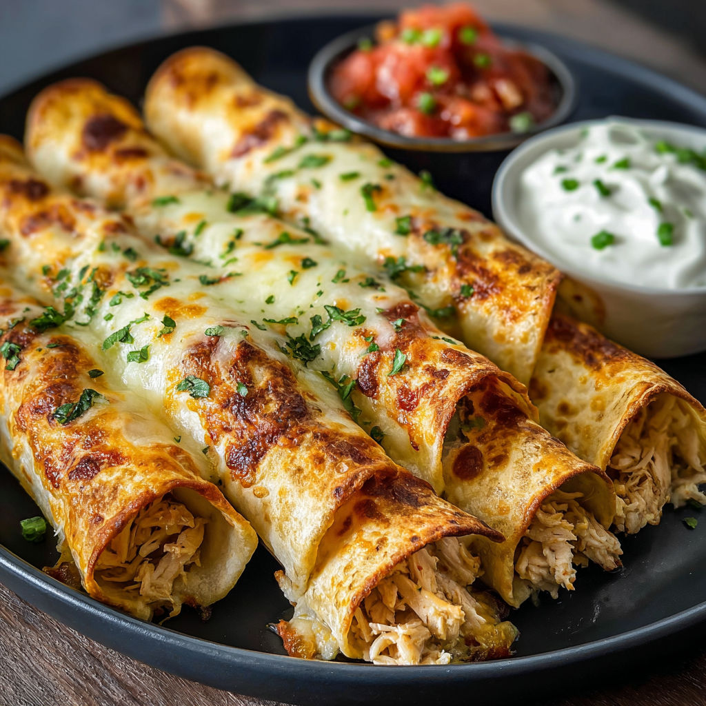 A plate of chicken enchiladas with a side of salsa.