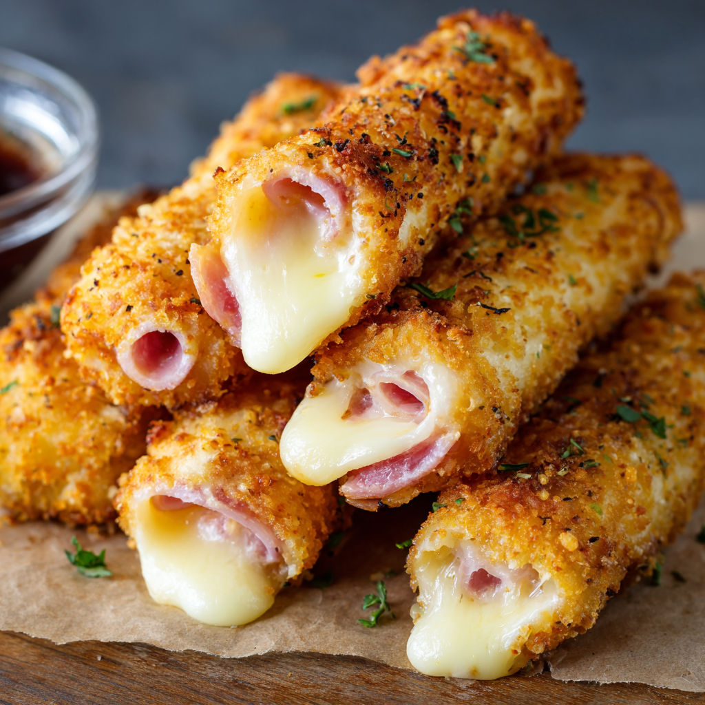 A delicious appetizer made with breaded meat and cheese, served with a dipping sauce.