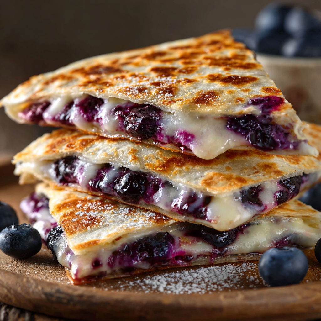 A stack of blueberry breakfast quesadillas with powdered sugar on top.