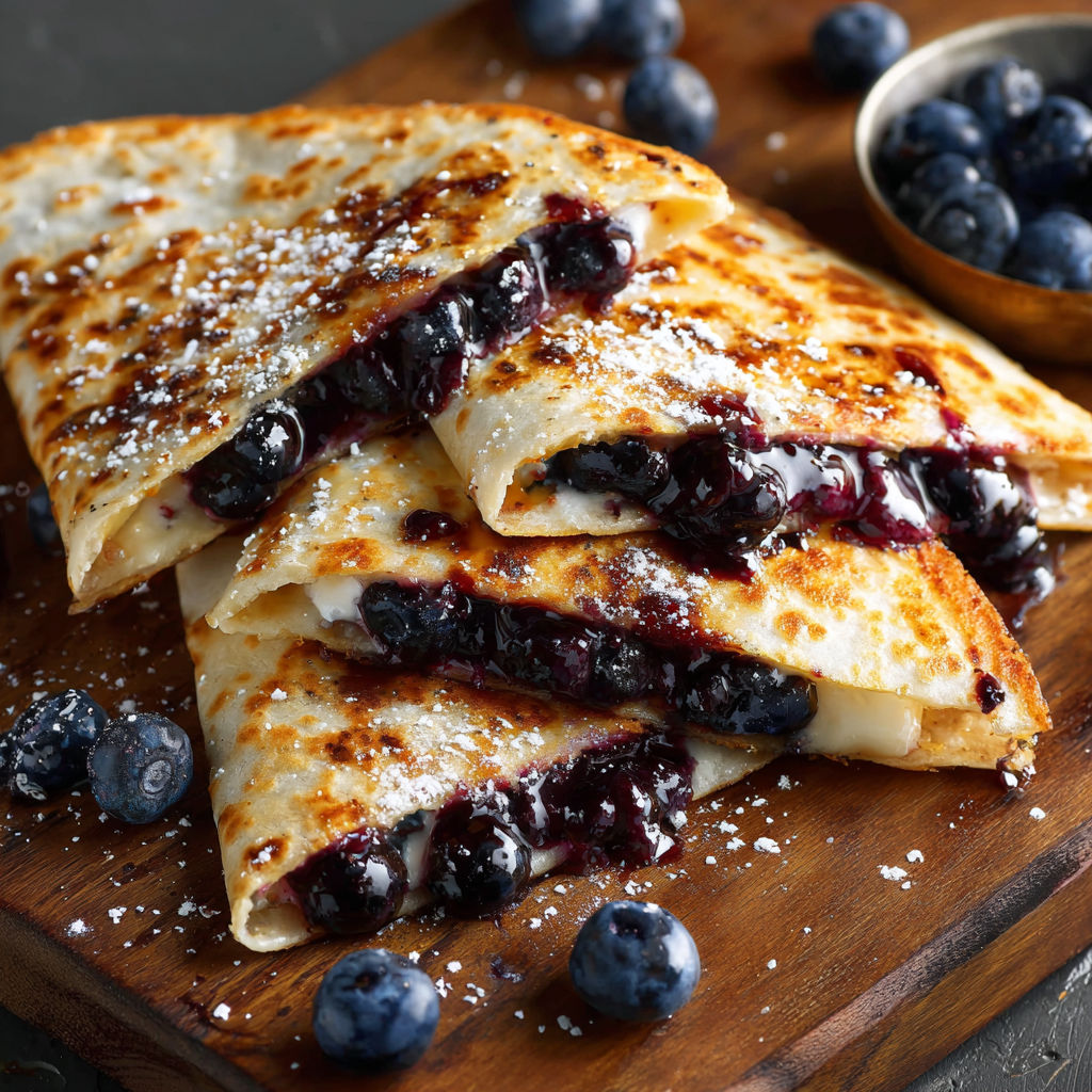 A stack of blueberry crepes with powdered sugar on a wooden cutting board.
