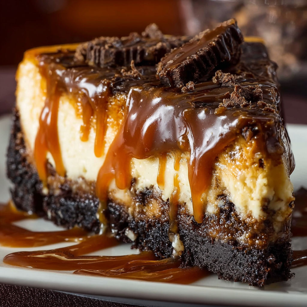 A slice of Caramel Brownie Cheesecake with drizzled caramel sauce.